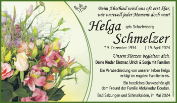 Traueranzeige von Helga Schmelzer von Südthüringer Presse