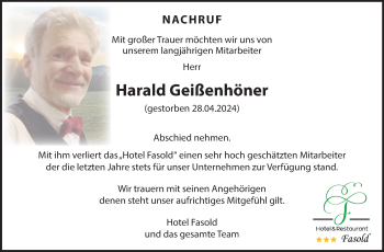 Traueranzeige von Harald Geißenhöner von Südthüringer Presse