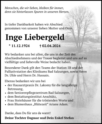 Traueranzeige von Inge Liebergeld von Südthüringer Presse