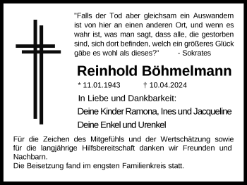 Traueranzeige von Reinhold Böhmelmann von Südthüringer Presse