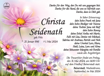 Traueranzeige von Christa Seidenath von Südthüringer Presse