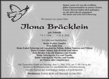 Traueranzeige von Ilona Bräcklein von Südthüringer Presse