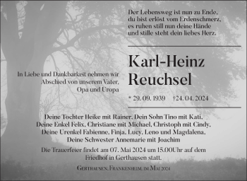 Traueranzeige von Karl-Heinz Reuchsel von Südthüringer Presse