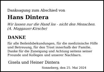 Traueranzeige von Hans Dintera von Südthüringer Presse