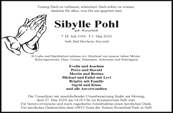 Traueranzeige von Sibylle Pohl von Frankenpost