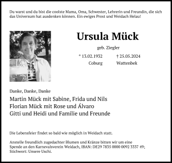 Traueranzeige von Ursula Mück von Neue Presse Coburg