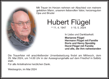 Traueranzeige von Hubert Flügel von Frankenpost
