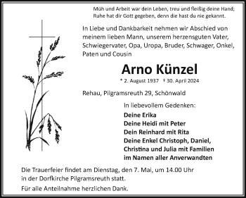 Traueranzeige von Arno Künzel von Frankenpost