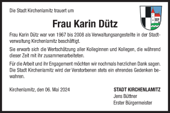 Traueranzeige von Karin Dütz von Frankenpost