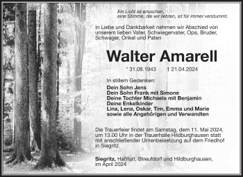 Traueranzeige von Walter Amarell von Südthüringer Presse