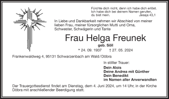 Traueranzeige von Helga Freunek von Frankenpost