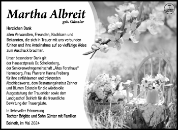 Traueranzeige von Martha Albreit von Südthüringer Presse