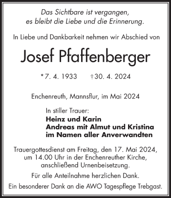 Traueranzeige von Josef Pfaffenberger von Frankenpost