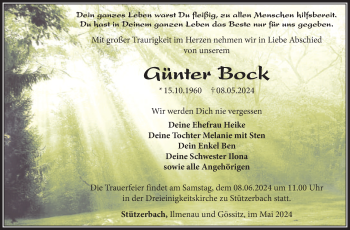 Traueranzeige von Günter Bock von Südthüringer Presse