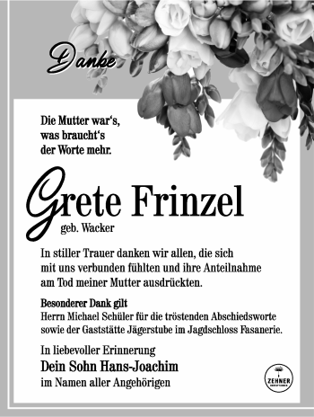 Traueranzeige von Grete Frinzel von Südthüringer Presse