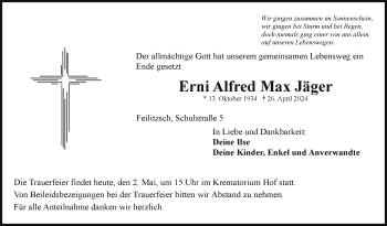 Traueranzeige von Erni Alfred Max Jäger von Frankenpost