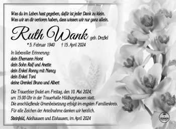 Traueranzeige von Ruth Wank von Südthüringer Presse