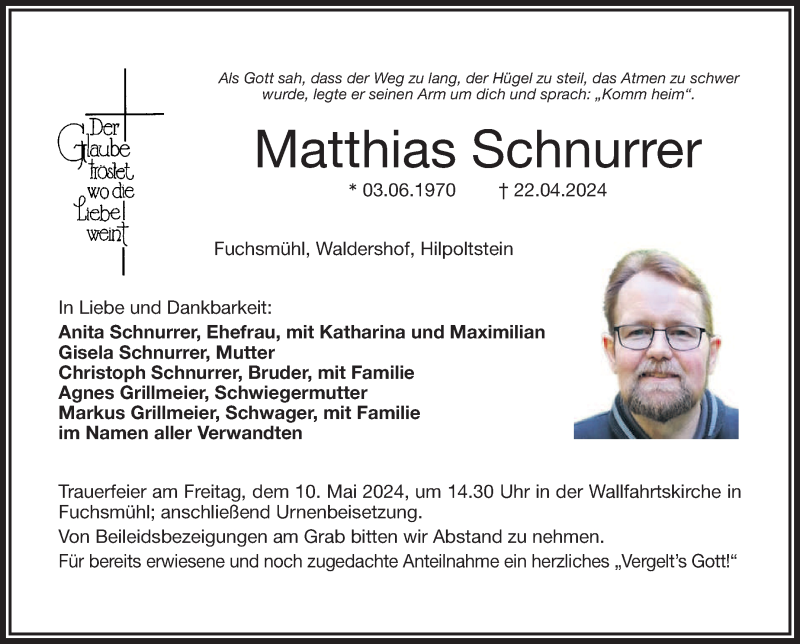  Traueranzeige für Matthias Schnurrer vom 07.05.2024 aus Frankenpost