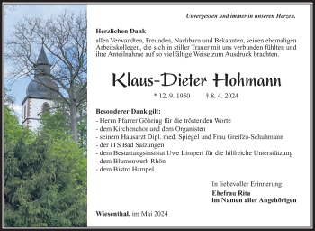 Traueranzeige von Klaus-Dieter Hohmann von Südthüringer Presse