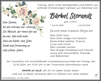 Traueranzeige von Bärbel Storandt von Südthüringer Presse