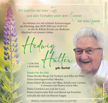 Traueranzeige von Hedwig Hütter von Südthüringer Presse