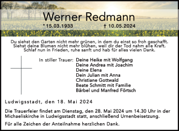 Traueranzeige von Werner Redmann von Neue Presse Coburg
