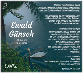 Traueranzeige von Ewald Günsch von Südthüringer Presse
