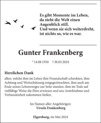 Traueranzeige von Gunter Frankenberg von Südthüringer Presse