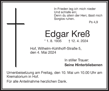 Traueranzeige von Edgar Kreß von Frankenpost