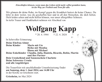 Traueranzeige von Wolfgang Kapp von Südthüringer Presse