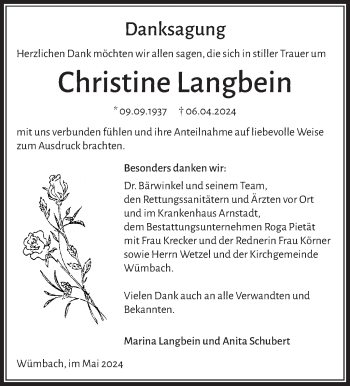 Traueranzeige von Christine Langbein von Südthüringer Presse