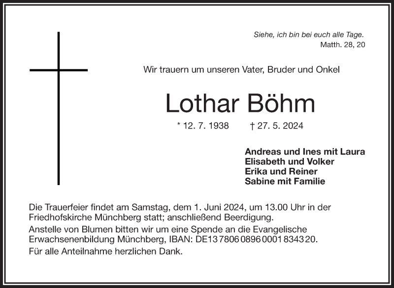  Traueranzeige für Lothar Böhm vom 29.05.2024 aus Frankenpost