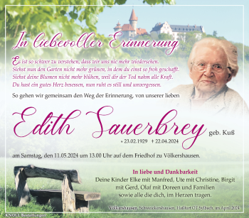 Traueranzeige von Edith Sauerbrey von Südthüringer Presse