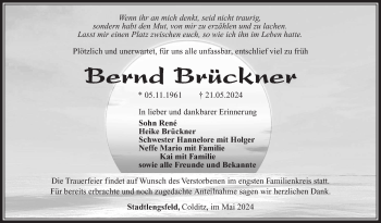 Traueranzeige von Bernd Brückner von Südthüringer Presse