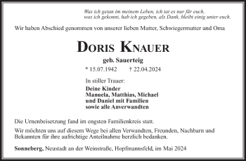 Traueranzeige von Doris Knauer von Südthüringer Presse