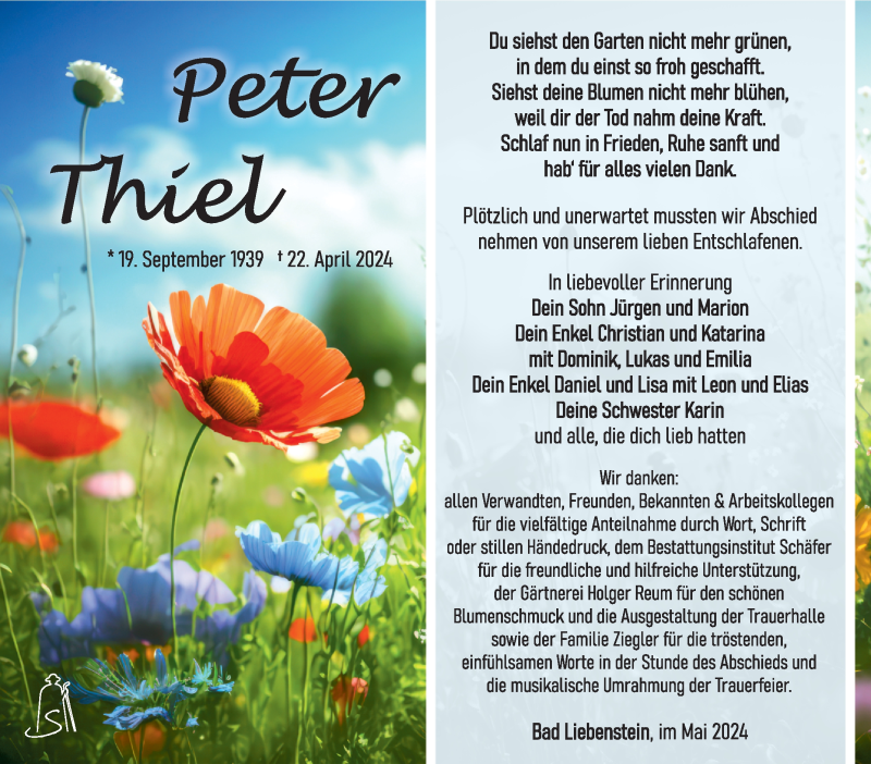  Traueranzeige für Peter Thiel vom 18.05.2024 aus Südthüringer Presse