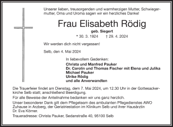 Traueranzeige von Elisabeth Rödig von Frankenpost