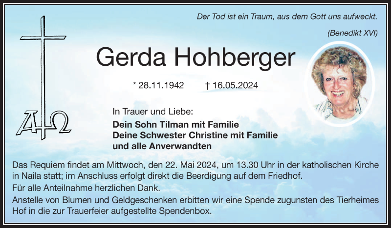  Traueranzeige für Gerda Hohberger vom 18.05.2024 aus Frankenpost