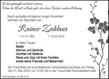 Traueranzeige von Rainer Zahlaus von Südthüringer Presse