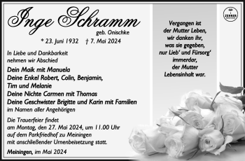 Traueranzeige von Inge Schramm von Südthüringer Presse