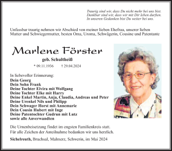 Traueranzeige von Marlene Förster von Südthüringer Presse