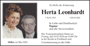 Traueranzeige von Herta Leonhardt von Neue Presse Coburg