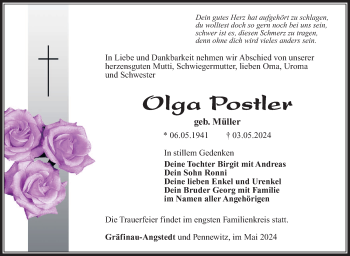 Traueranzeige von Olga Postler von Südthüringer Presse