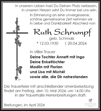 Traueranzeige von Ruth Schrumpf von Südthüringer Presse