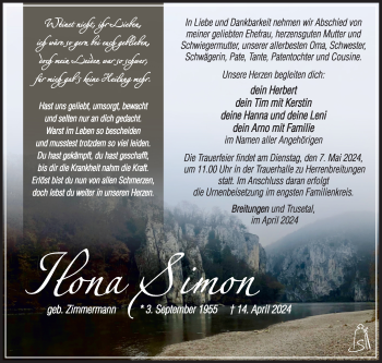 Traueranzeige von Ilona Simon von Südthüringer Presse