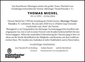 Traueranzeige von Thomas Michel von Südthüringer Presse