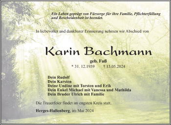 Traueranzeige von Karin Bachmann von Südthüringer Presse