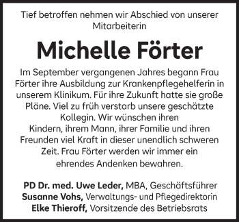 Traueranzeige von Michelle Förter von Südthüringer Presse