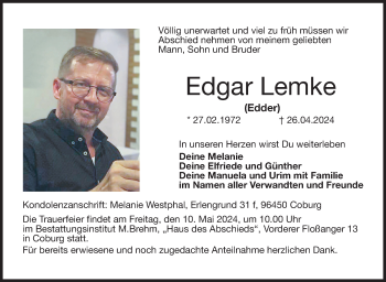 Traueranzeige von Edgar Lemke von Neue Presse Coburg