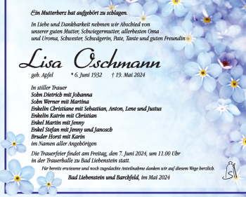 Traueranzeige von Lisa Oschmann von Südthüringer Presse